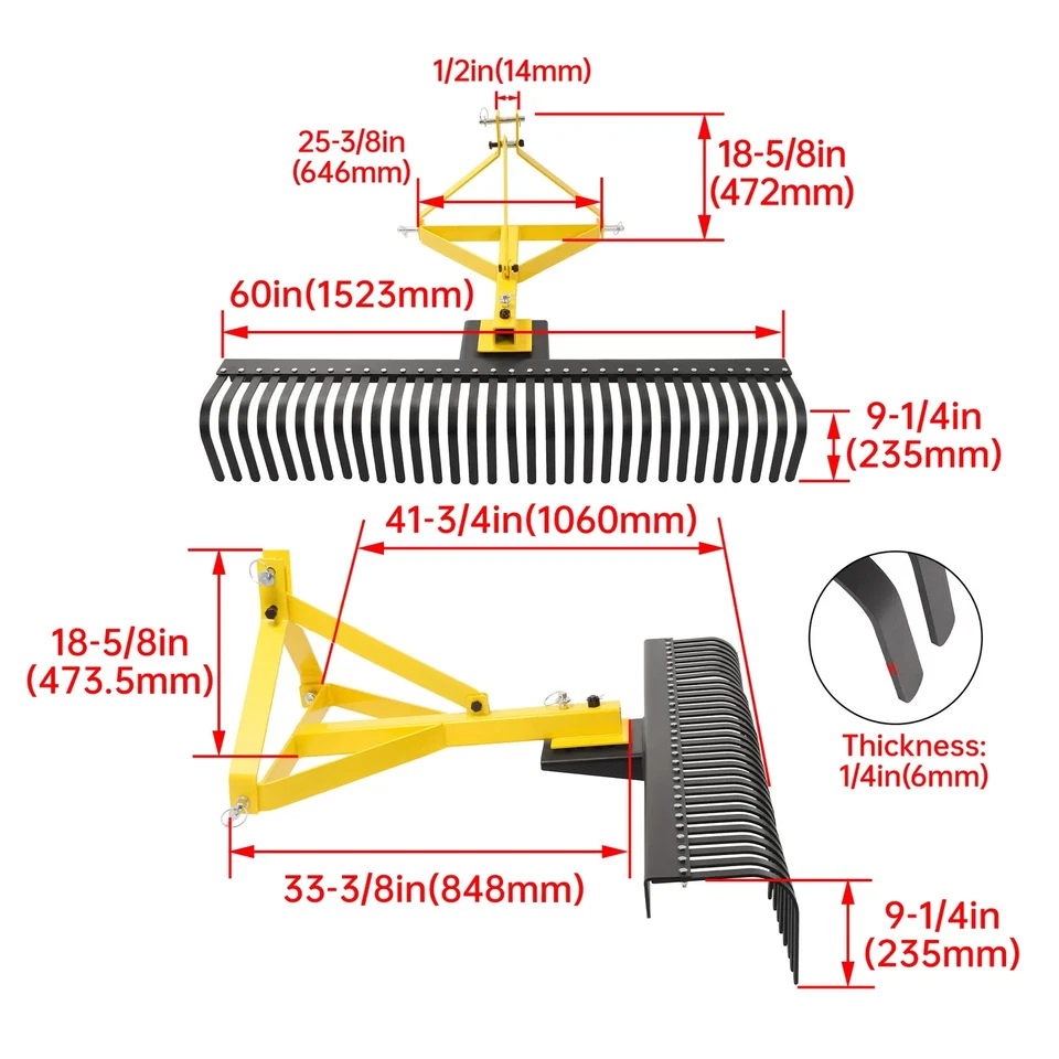 Rastrillo de paisaje de 3 puntos 60" 5 pies para accesorio de tractor Cat 1 suelo grava césped Foto 2 de 4