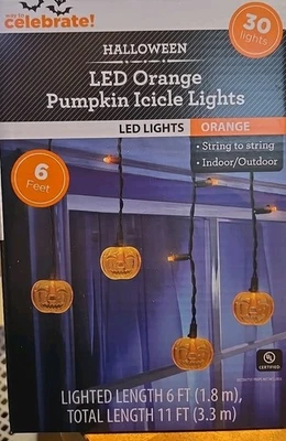 Pumpkin Icicle String 30 Lights NEW Halloween, Orange LED, Indoor/Outdoor 6' - Photo 1/3