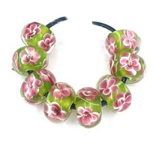 8 Handmade LAMPWORK Glass Pink Encased Flower Green Spacer Rondelle Beads