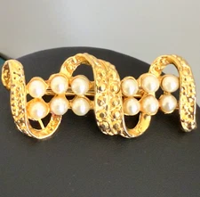 Vintage Gold Tone Rectangular Bar Brooch Faux Pearl Textured Swirl Nugget Style