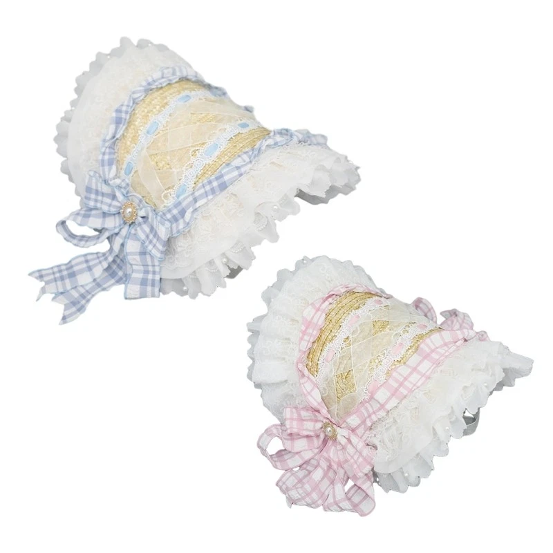 Women French Straw Hat Lace Up Cap Sun Protective Hat Vintage Headpiece