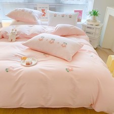 Cotton Duvet Cover Queen Size, 3D Embroidery Queen Bedding Sets Pink Bed Set,...