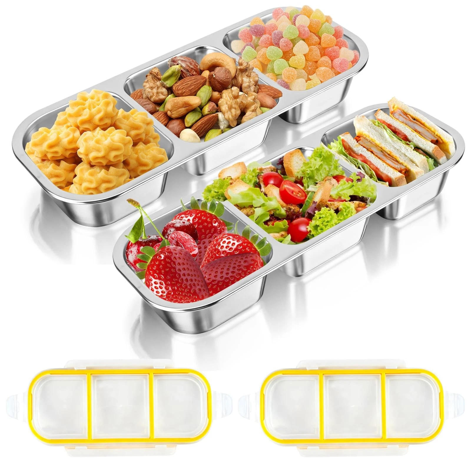 Snack Box with Compartments, 2 Pack Stainless Steel Snack Box Kids with 3 Compartments, BPAfree...