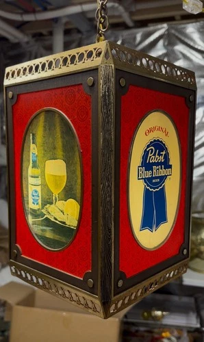 Vintage Pabst Blue Ribbon Beer Rotating Hanging 4 Sided Light Motion Sign PBR