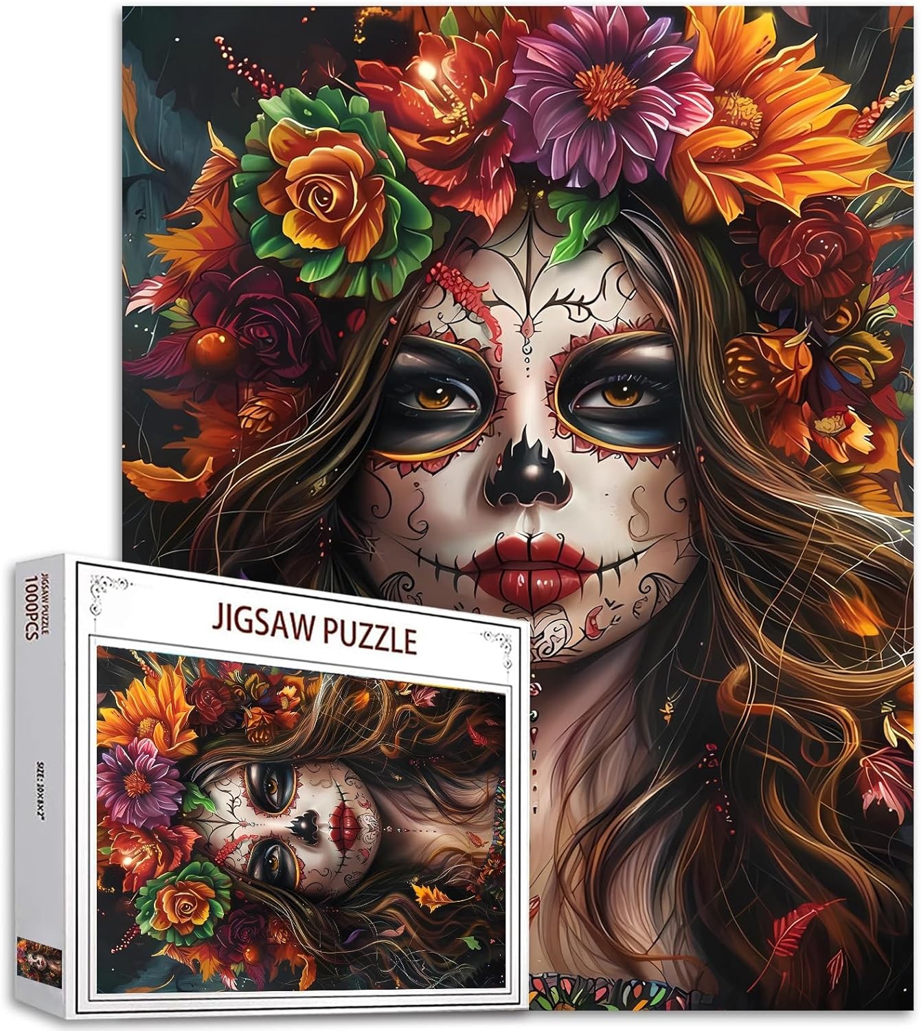 Tucocoo Day of The Dead Jigsaw Puzzles for Adults 1000 Pieces, Skull Flowers Wo