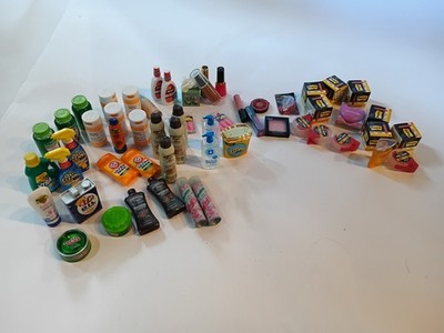 50 + Mini Toy Dollhouse Items Bathroom Hygiene Cleaning Sunscreen Makeup Post-it