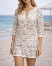 J Valdi White Crochet Beach Coverup Mini Dress Sheer Boho Tunic Women’s Hippie S
