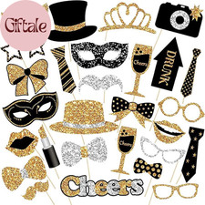 30 Pieces Black Golden Photo Booth Props for Birthday Wedding New Year Party,Mix