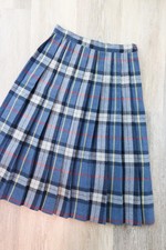 Vintage Blue Plaid Wool Pleated Skirt Preppy Schoolgirl Heritage Classic Women's