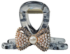 Bow Claw Clip Small Strong Pearls Rhinestones Transparent Blue Gray Korean