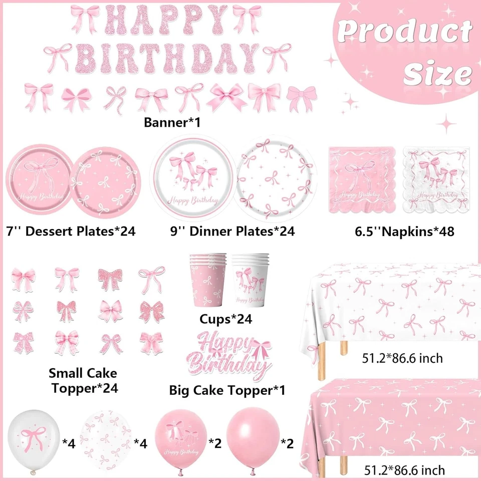 Pink Bow Birthday Party Supplies for Girls – Serves 24, Plates, Cups, Napkins - Image 2 of 4