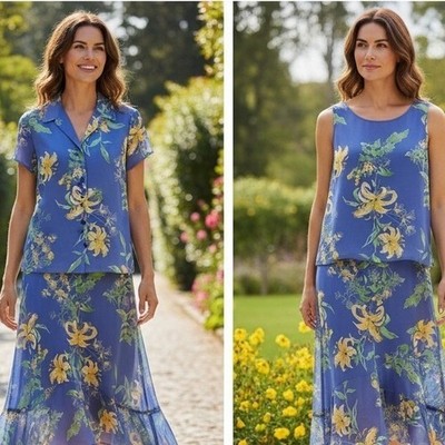 Emma James Liz Clairborne 3PC Skirt Tank Blouse Set Blue Floral Chiffon Sz 14