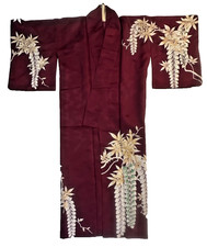 1960s 1970s kimono burgundy floral Japanese Japan original authentic robe VTG