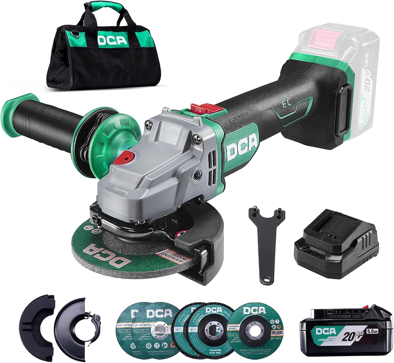 DCA Brushless Angle Grinder 20V 4-1/2 inch, Cordless 4.0Ah Battery & 2A Fast...