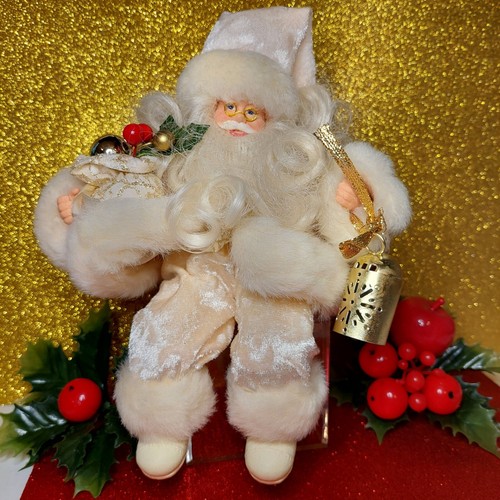 Santa Claus Cream White Velour & Fur Shelf Sitter Lantern New - Picture 3 of 12