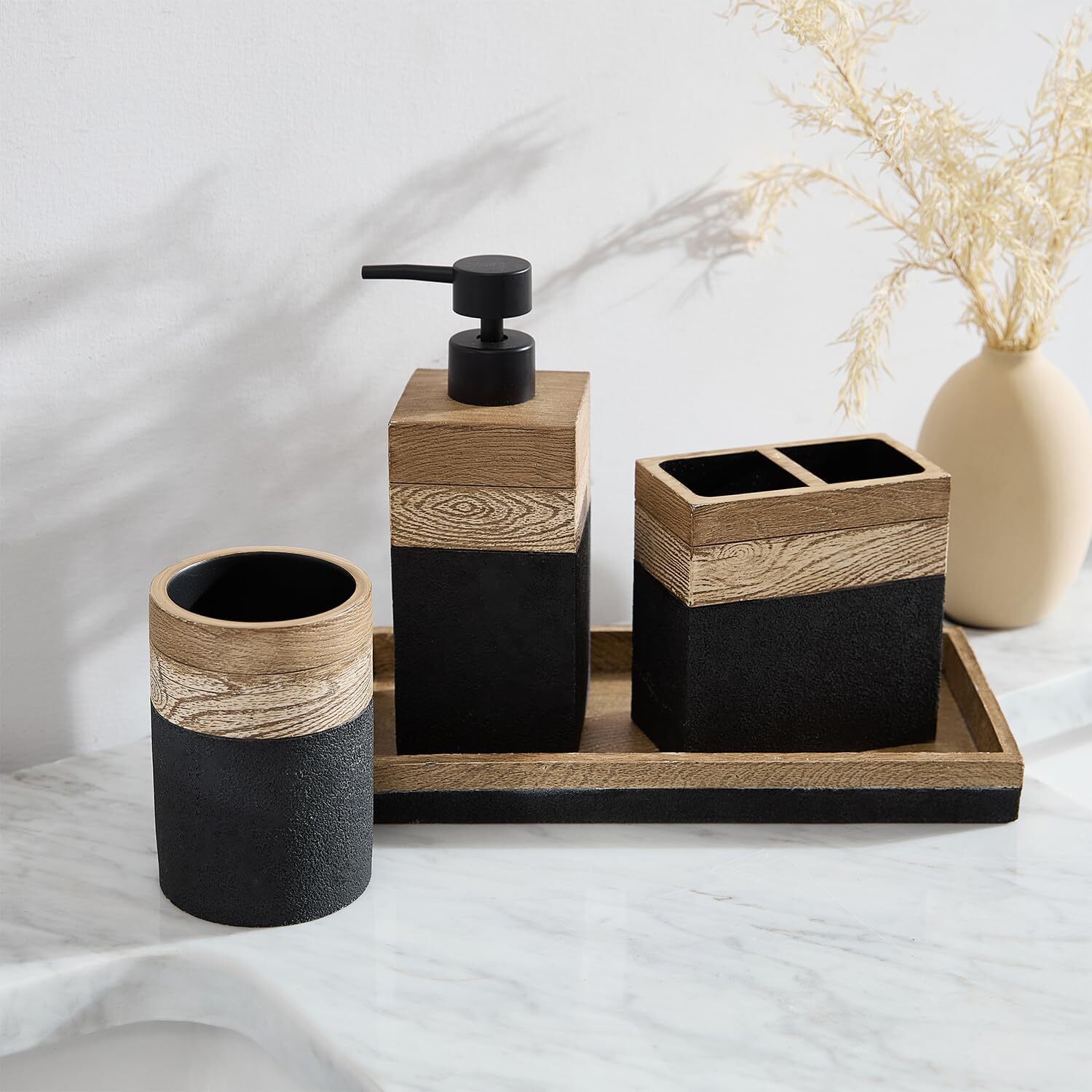 Tahari Home - Bathroom Set, Resin Countertop Accessories, Black/Faux Wood