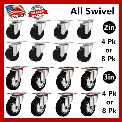 4-8 Pk of 2" & 3" Swivel Caster Wheels Rubber Base Top Plate Bearing Heavy Duty - Picture 1 of 10