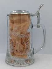 Vintage Domex Beer Stein Mug Etched Clear Glass Zinc Flip Top Bear Moose Trees