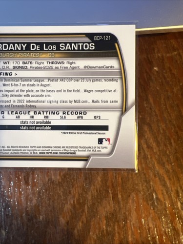 Yordani Yordany De Los Santos 2023 Bowman Chrome Prospects Purple Refractor /250 - Picture 5 of 7