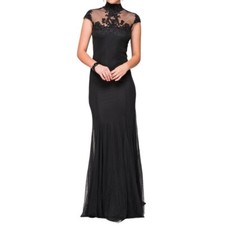 Kikiriki Embroidered Mesh Cap Sleeve High Neck Gown Black Size Small NWT