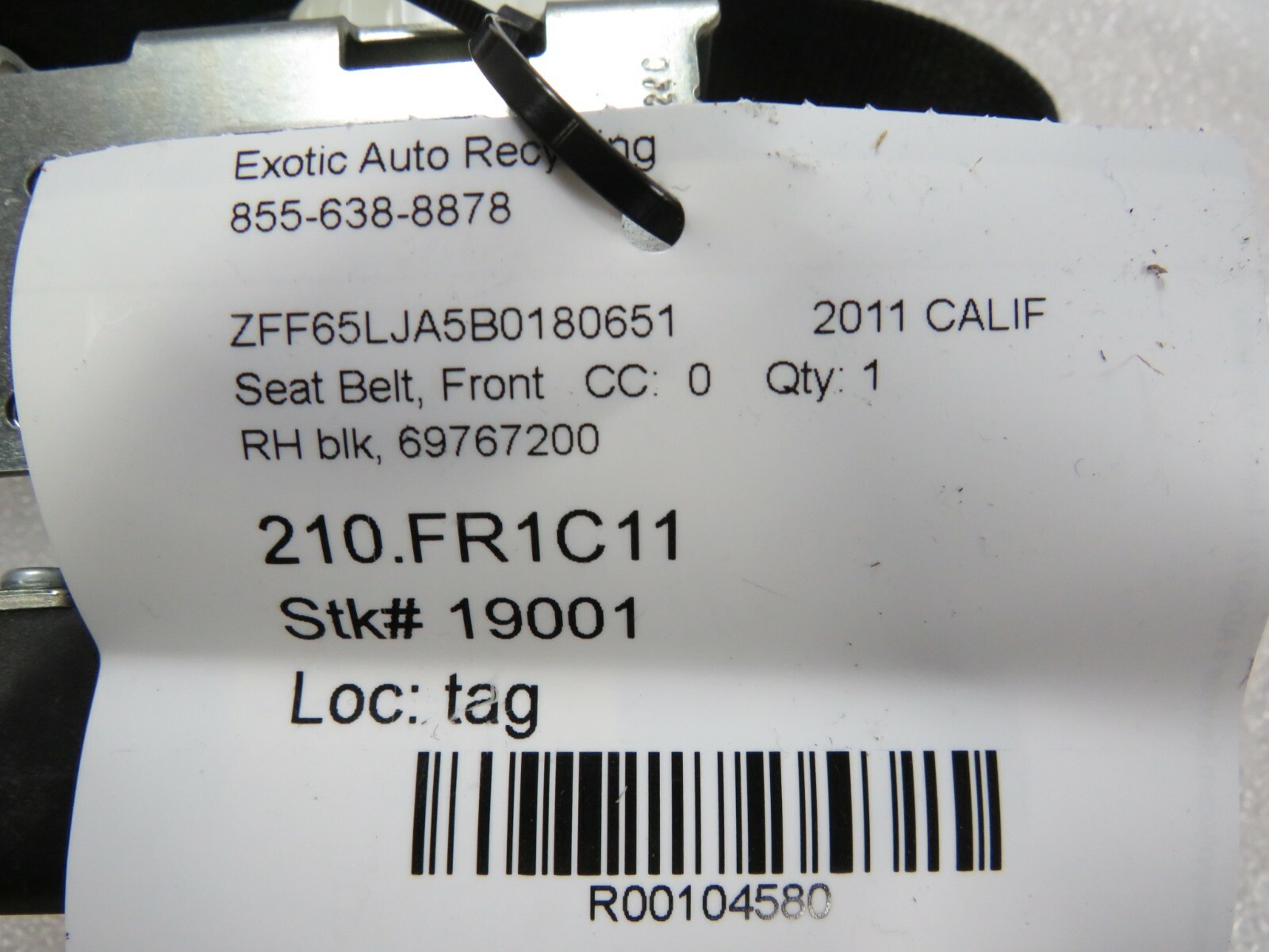 Ferrari California, RH, Right Front Seat Belt, Black, Used, P/N 69767200