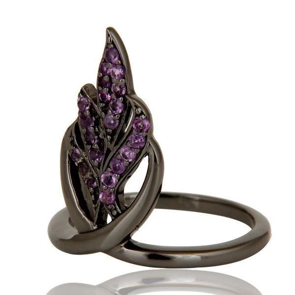 Anillos de diseño de hoja de piedras preciosas amatista de plata 925 rodio negro joyería Foto 4 de 4