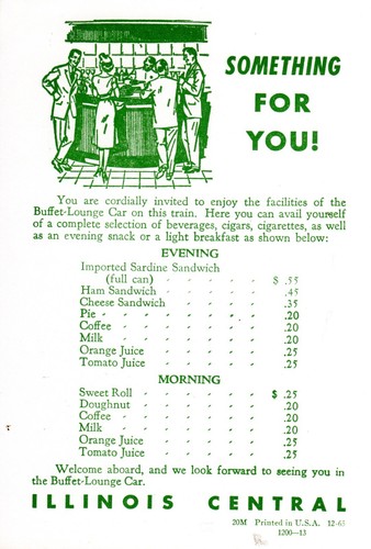 ILLINOIS CENTRAL RR - SOMETHING FOR YOU.  BUFFET-LOUNGE CAR MENU - 12/1965