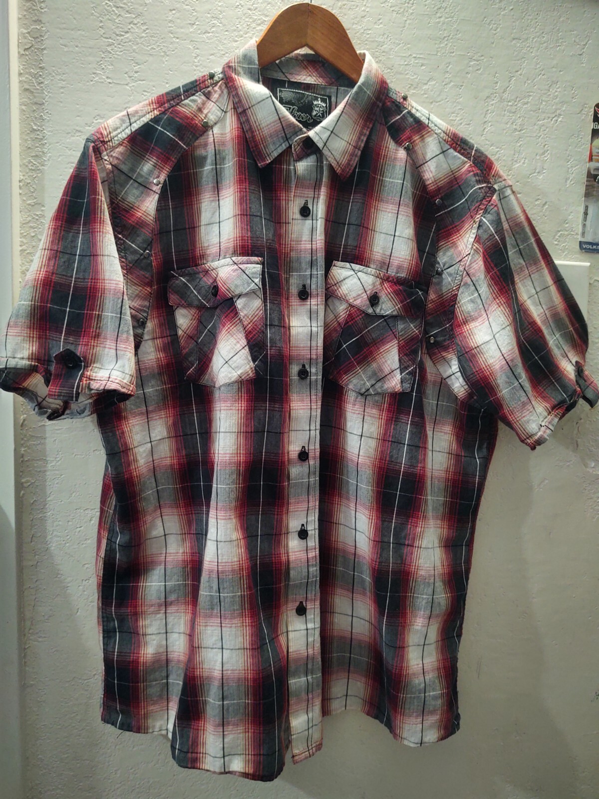 Men Elixir Button Down Red Black White Plaid Shor… - image 1