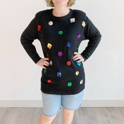 Vintage 90's Claudia D Black Multicolor Sequin Embellished Sweater Tunic Med Lg
