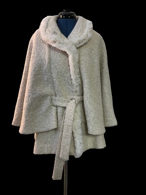 Via Spiga Cream Lamb Boucle Wrap Cape Snap Front Tie Waist Poncho