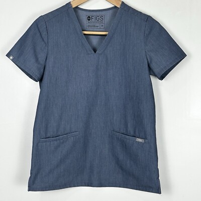 FIGS Casma Three Pocket Scrub Top Heathered Blue Indigo XS Medical Core Wellness