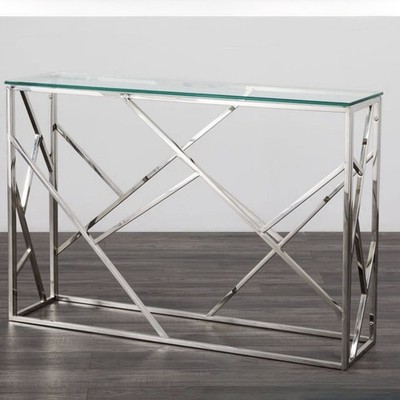 Rectangular Glass Top Console Table, Silver Metal Frame, Mirrored, 55x18x31 in