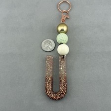 U Letter Initial Pink Rose Gold Glitter Resin 5" Keychain Purse Charm 62777