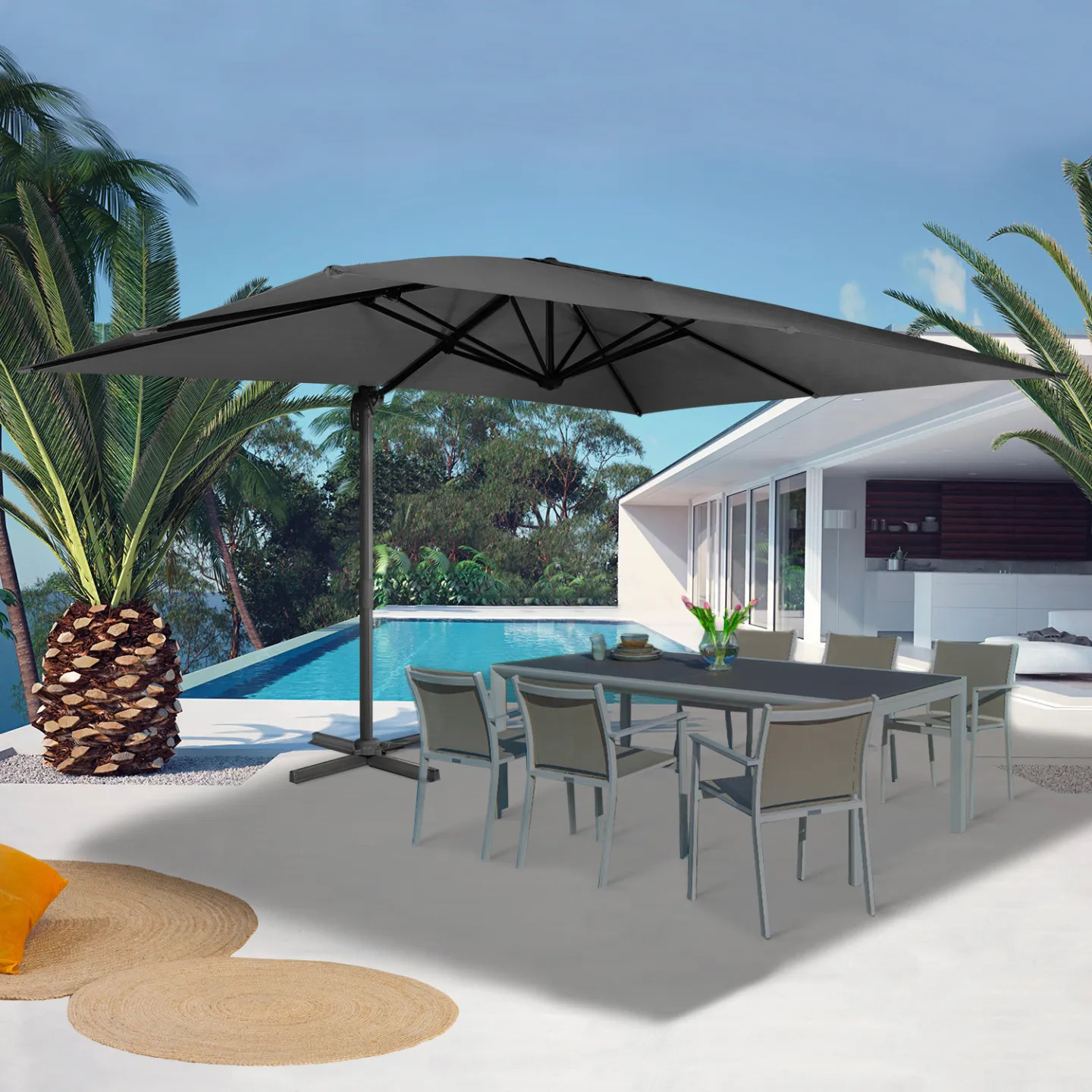 Parasol déporté rotatif 360° CALVI gris pour un ombrage XXL modulable