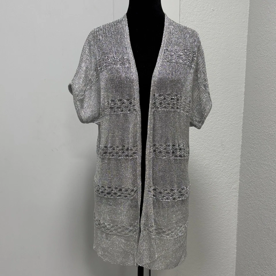 Cárdigan Chico's Plateado Para Mujer 1 M Crochet Plateado Metálico Fiesta Vacaciones Glamour Foto 2 de 4