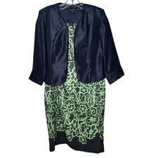 Dana Kay Dress Suit Womens 10 Navy Blue Jacket Lime Green Floral Lace Print 2 Pc