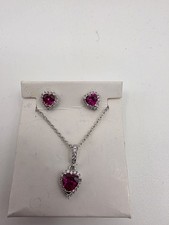 Silver Tone Heart Necklace And Earring Set With Red Stone And Clear Stones EUC