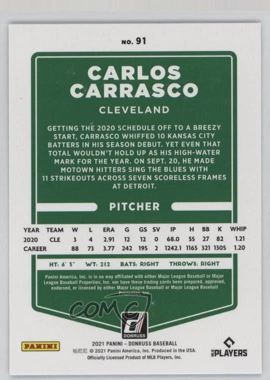 2021 Panini Donruss Career Stat Line /88 Carlos Carrasco #91 - Image 2 of 2