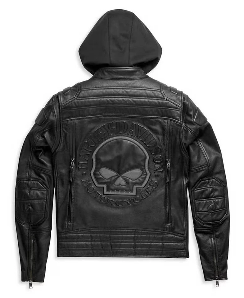 Harley-Davidson 男式头骨皮革夹克连帽衫牛皮摩托车骑行 — 第 2/4 张图片