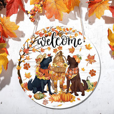 Fall Door Decor Wooden Dog Welcome Sign for Front Door Hanger