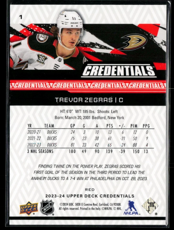 2023-24 Upper Deck Credentials Red #1 Trevor Zegras 347/349 - Image 2 of 2