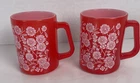 2 Federal Glassware Coffee Mugs Cup Red White Floral MILK GLASS USA 10oz Vintage