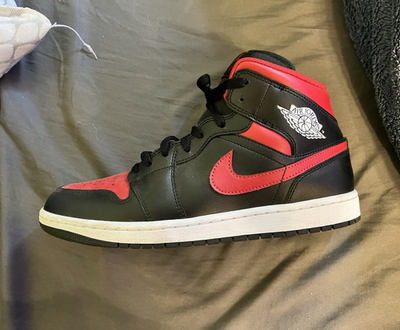 #ad Jordan Air Jordan 1 Mid Men’s Black Red Colorblock Leather Lace Up Sneakers $100.00