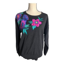 Vintage 80s Black Multicolored Floral Embroidered Beaded Sweater Size M