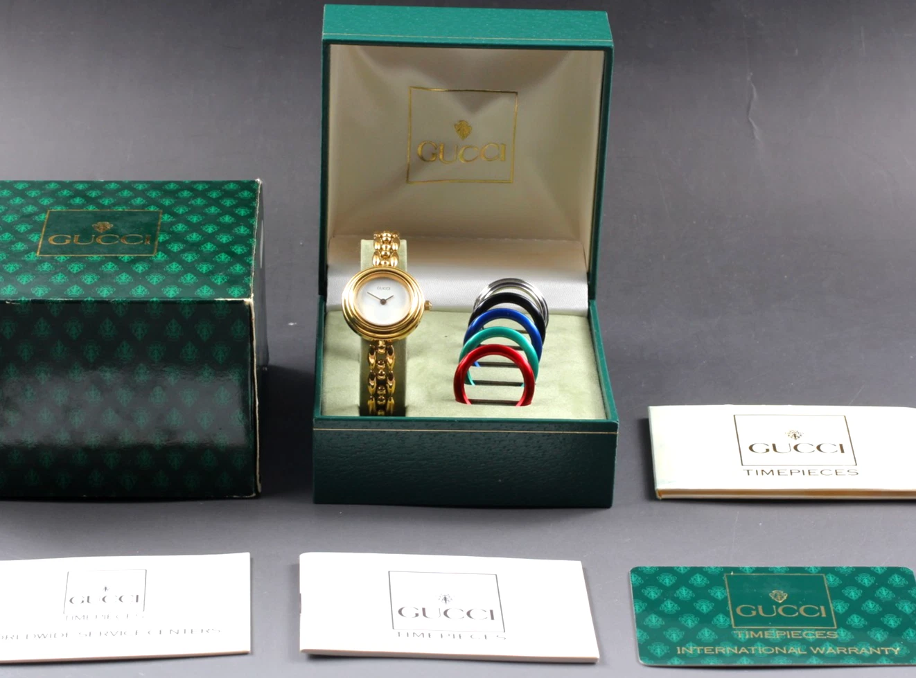 [N MINT con scatola carta] Orologio Donna Gucci 11 12.2 Lunetta Cambio 6 Colori Oro Qz