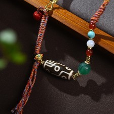 Handwoven Cord Necklace with Three Eye Dzi Bead Tibetan Amulet Jewelry