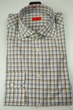 Isaia Napoli Blue Gold White Plaid Long Sleeve Cotton Dress Shirt 15.5/39 NEW