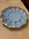 Fire King Anchor Hocking Delphite Blue Gold Trim Deviled Egg Plate 10"