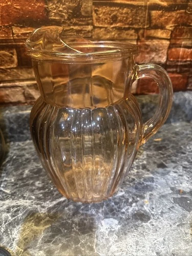 1930's Anchor Hocking Pillar Optic Pink Depression Glass Pitcher, 9.5 “ Tall
