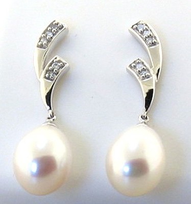 AAA 8X10MM FW Perle & Diamant Ohrringe 14K Weißgold, 3,3 Gramm, Neu,